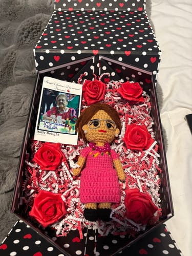 Customer photo review of Dolly® Personalized Crochet Doll with Photo Card