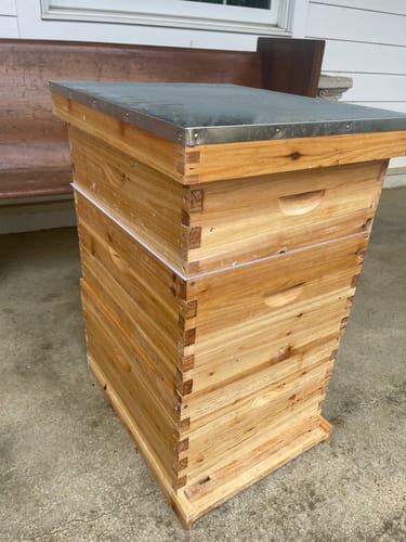 Customer photo review of BeeCastle Logo Free 10 Frame 3 Layer Beehive:Complete Cedar Wood Bee Hive with Beeswax Coated Plastic Foundation and Wooden Frames. Unassembled Hive Includes 2 Deep Boxes and 1 Medium Box for an Organic Beekeeping Journey