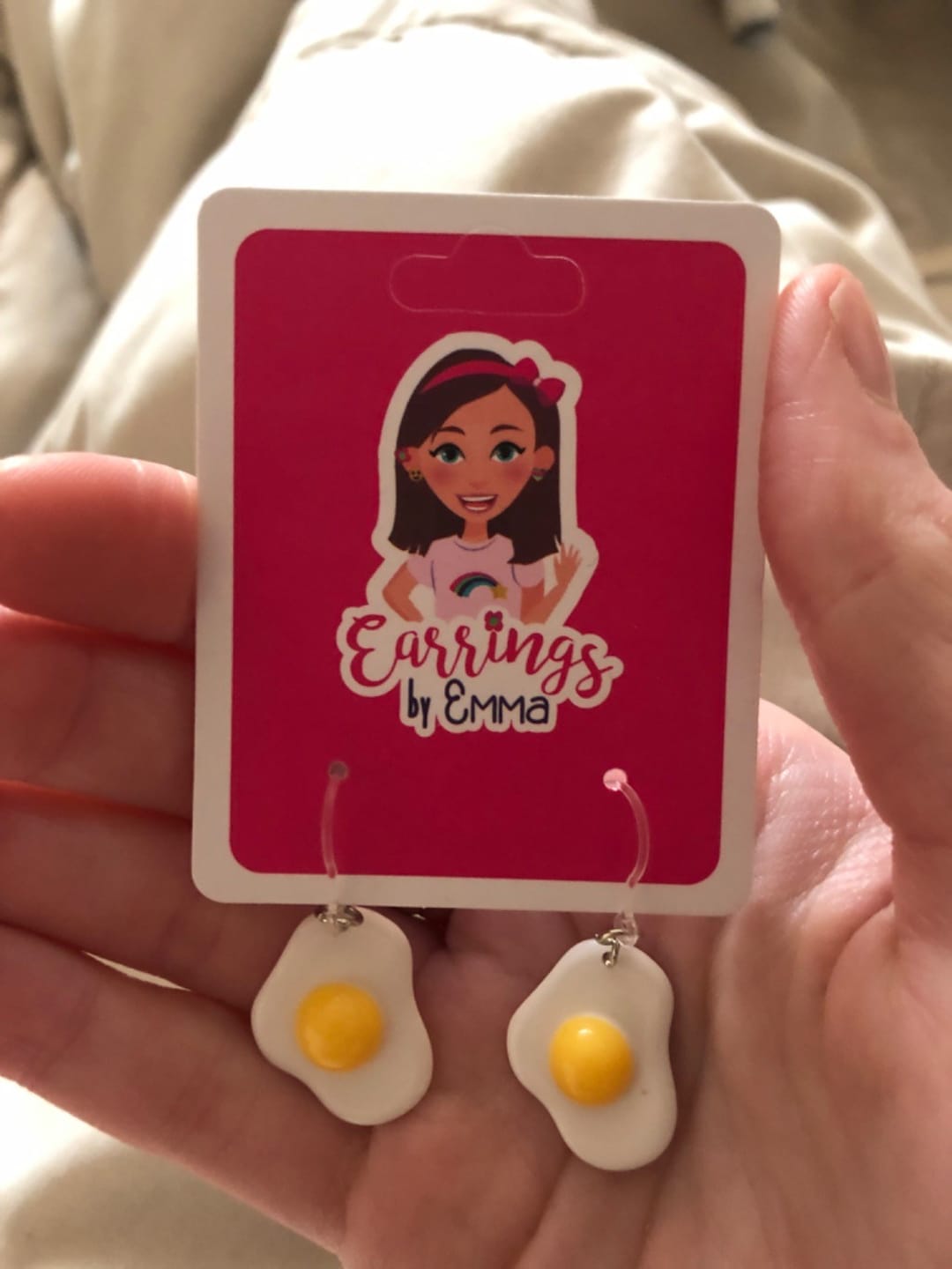 Customer photo review of Sunny Side Up Fried Egg Dangles Hypoallergenic Earrings for Sensitive Ears Made with Plastic Posts
