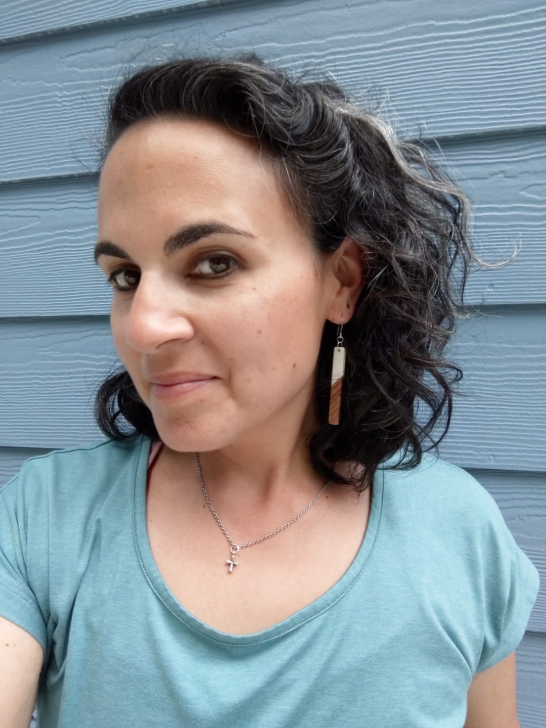 Customer photo review of Rectangular Wooden Celluloid Dangles Hypoallergenic Earrings for Sensitive Ears Made with Plastic Posts