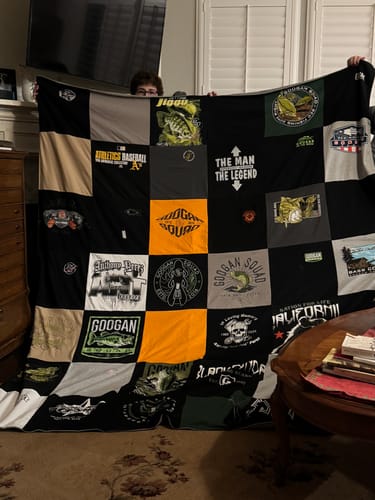 T-shirt quilt with fishing, sports themes by Cheryl from CA