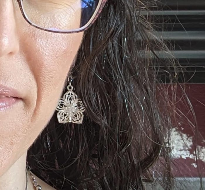 Customer photo review of Silver Decorative Flower Dangles Hypoallergenic Earrings for Sensitive Ears Made with Plastic Posts