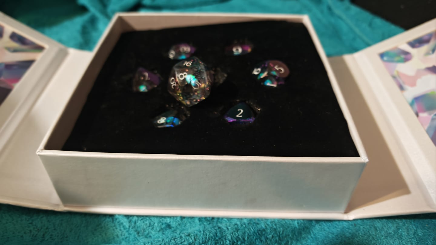 Customer photo review of URWizards D&D Multi-faceted Real Opal Gemstone Bead Dice Set