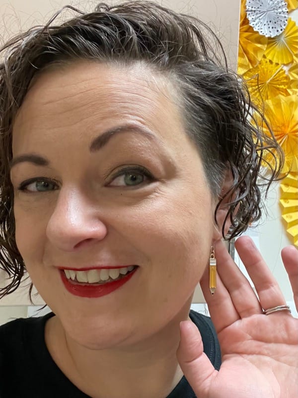 Customer photo review of Pencil Dangles Hypoallergenic Earrings for Sensitive Ears Made with Plastic Posts