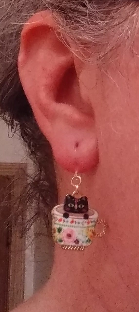 Customer photo review of Teacup Cat Dangles Hypoallergenic Earrings for Sensitive Ears Made with Plastic Posts
