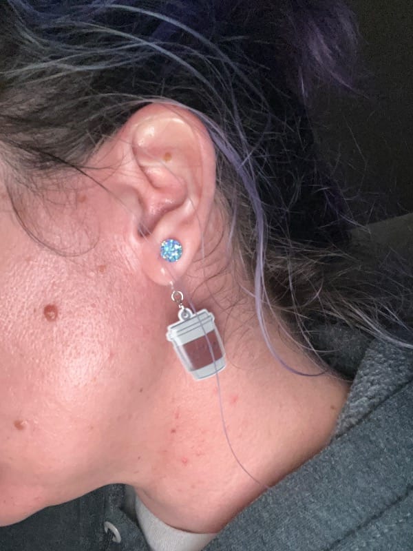 Customer photo review of Coffee Dangles Hypoallergenic Earrings for Sensitive Ears Made with Plastic Posts