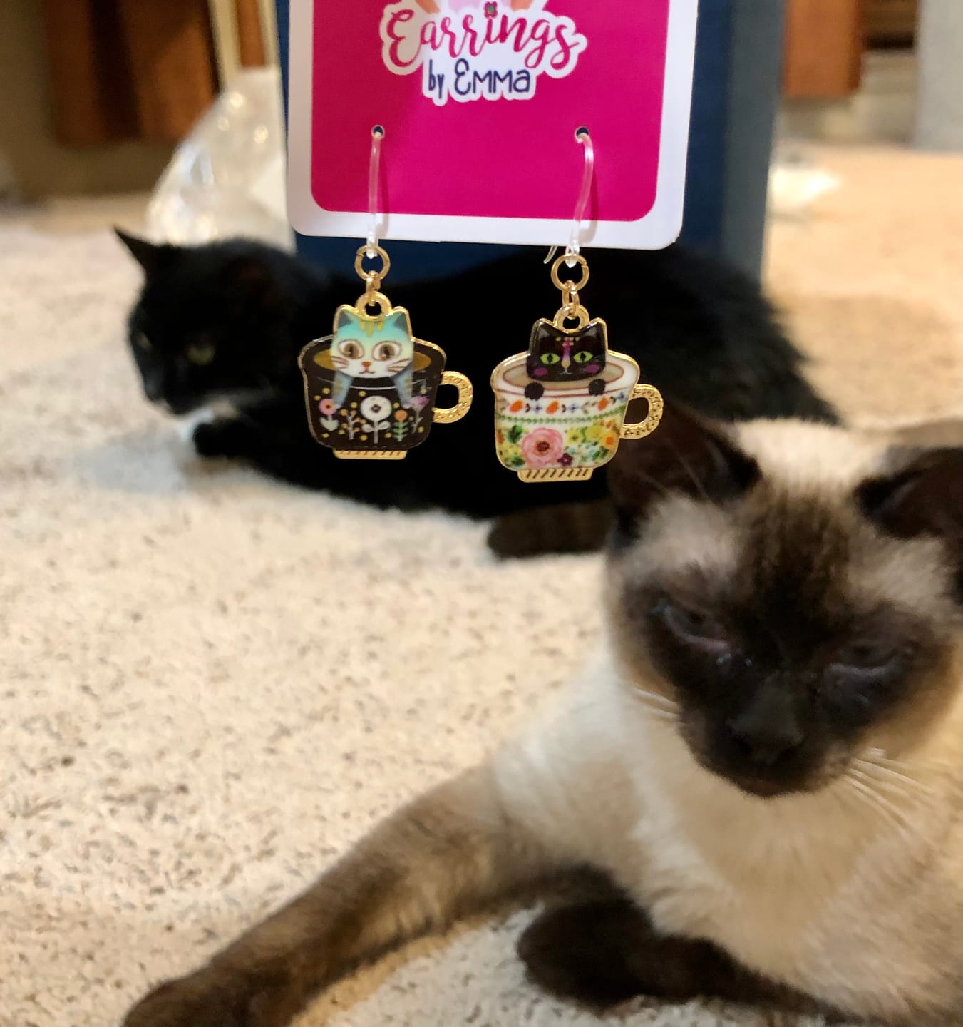 Customer photo review of Teacup Cat Dangles Hypoallergenic Earrings for Sensitive Ears Made with Plastic Posts