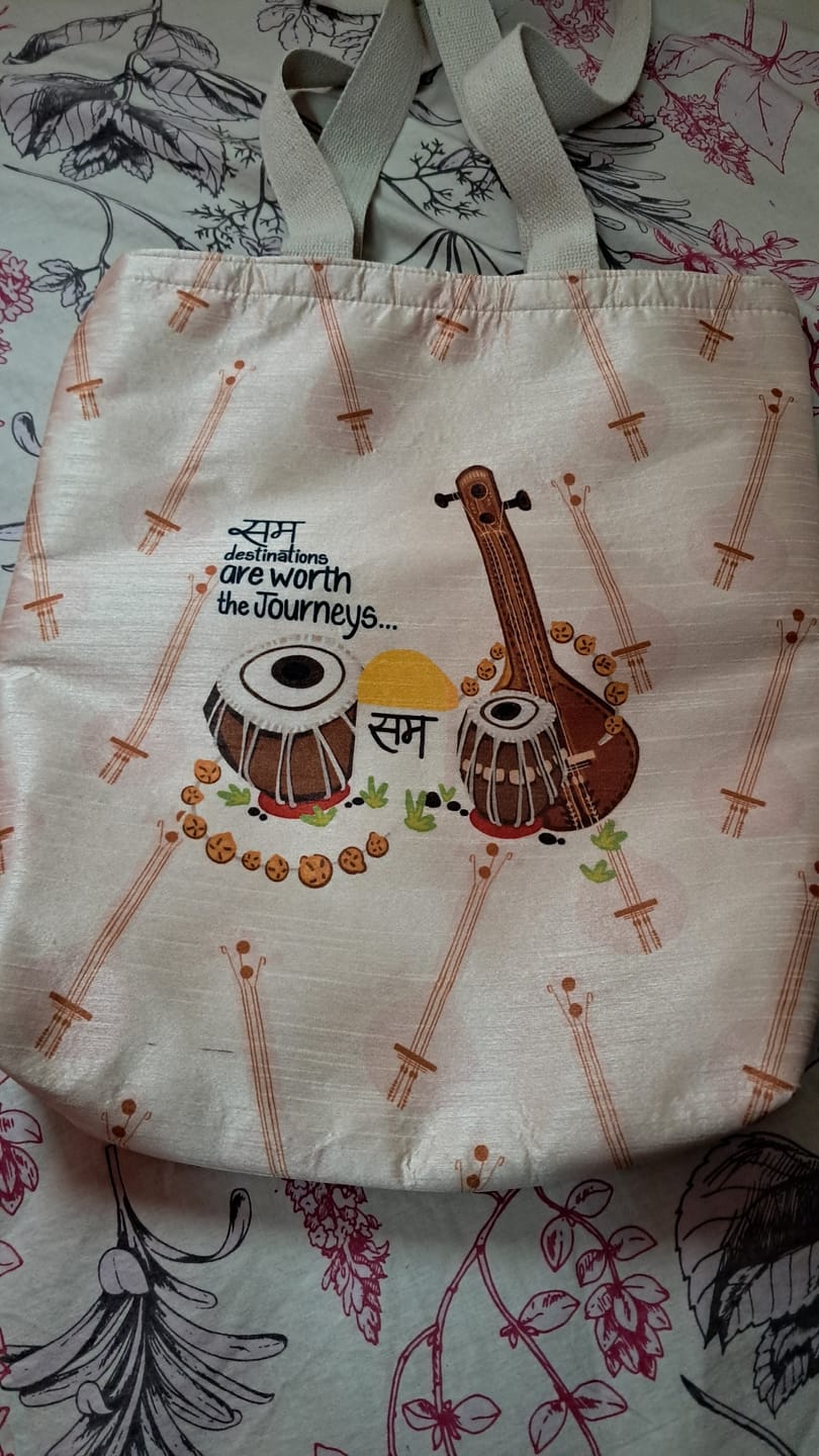 Customer photo review of SAM, the ultimate destination! | Elegant Raw Silk & Cotton Tote Bag