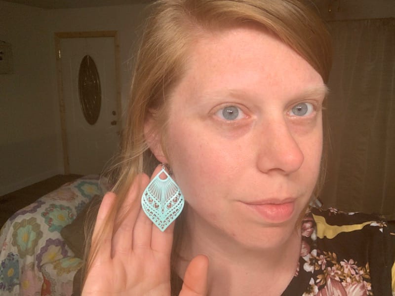 Customer photo review of Large Peacock Dangles Hypoallergenic Earrings for Sensitive Ears Made with Plastic Posts