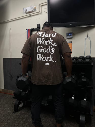 Customer photo review of 'HARD WORK & GOD'S WORK' TEE - COFFEE