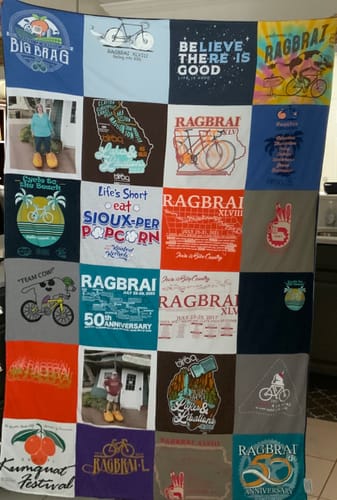 T-shirt quilt with cycling, food themes by kevin from FL