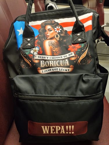 Customer photo review of I didn't choose to be Boricua. I just got Lucky (Black) - Large Capacity Backpack, Duckbilled Backpack BPBOR06