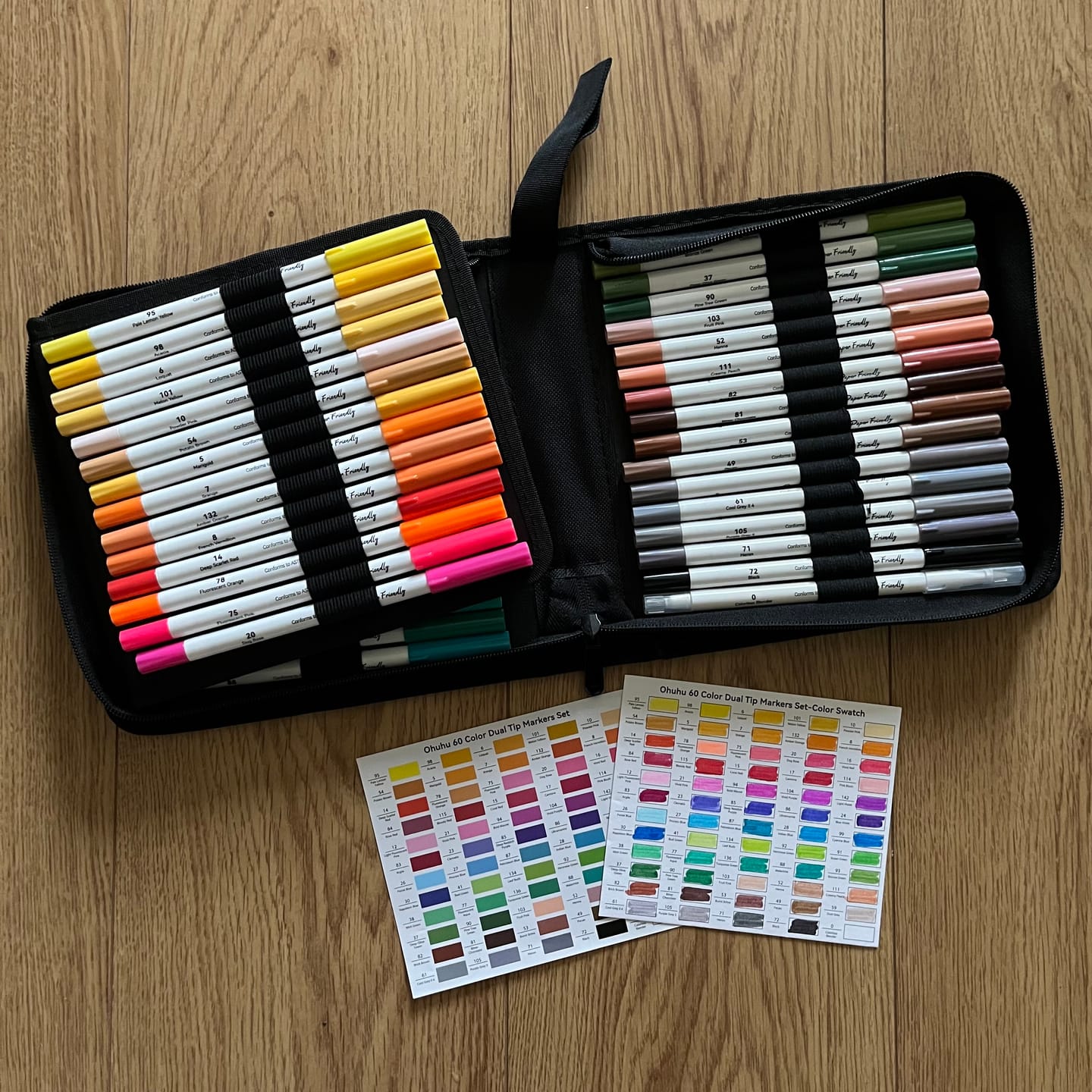 Customer photo review of Ohuhu Pupe Paper-friendly (No Peeling) Brush and Fineliner Dual Tips 60 Colors Water-based Coloring Markers