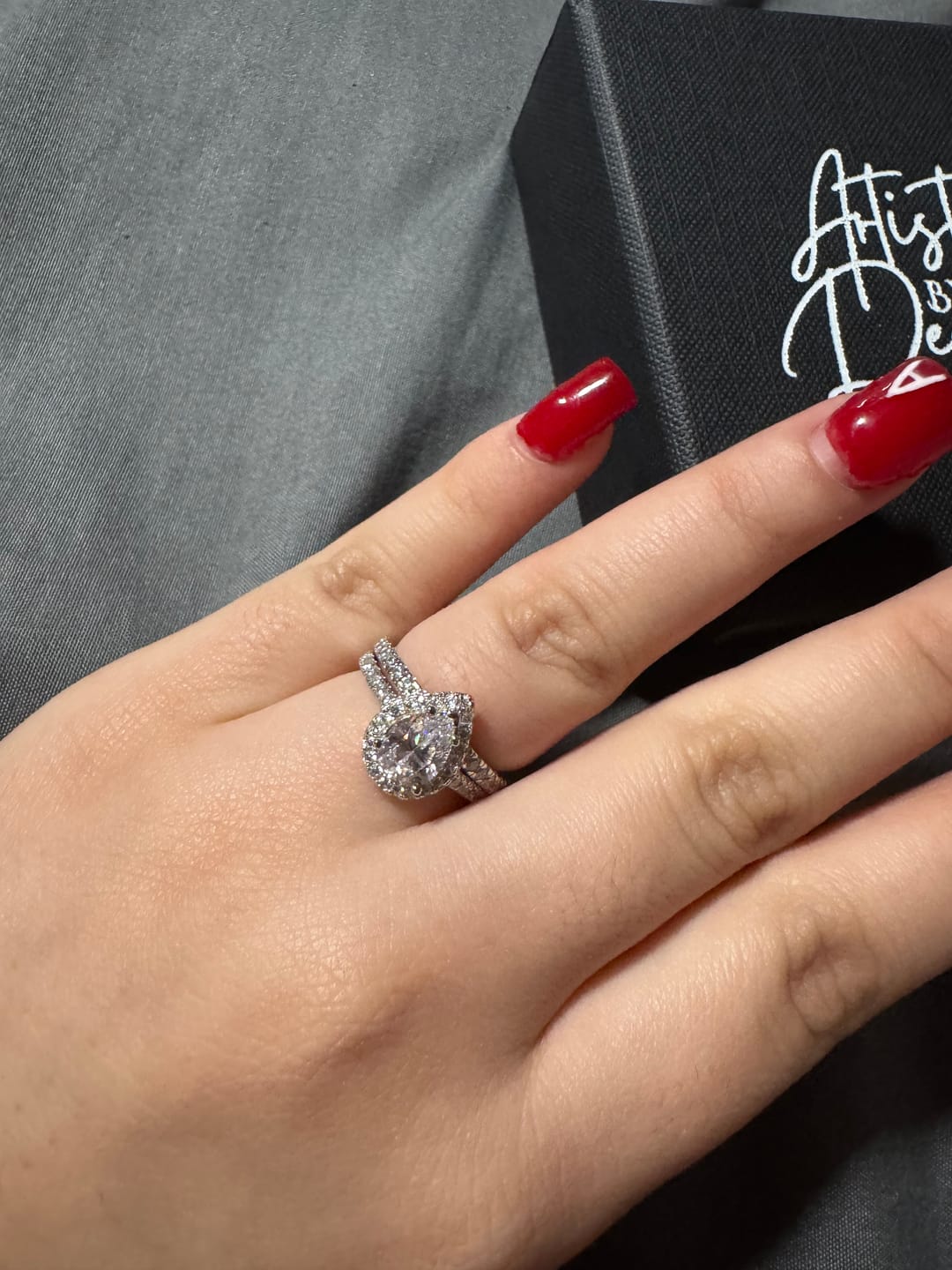 Customer photo review of Elena Pear Halo Ring