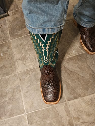 Customer photo review of Men’s Brown Hand-Tooled Leather Boots With Green Shaft