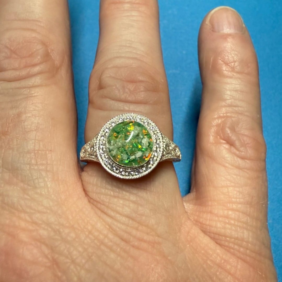 Customer photo review of Bedazzled Filigree Circle Opal Cremation Ring