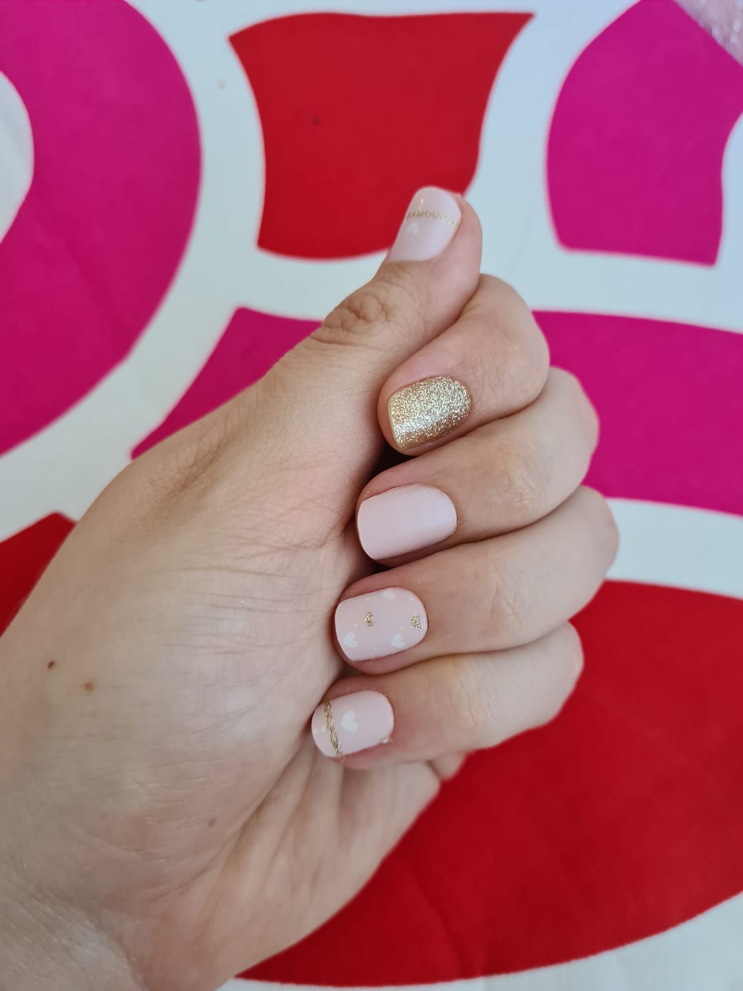Customer photo review of NEW Pink Gold Flutter Hearts DIY Semicured Gel Nail Sticker Kit (LIMITED EDITION)