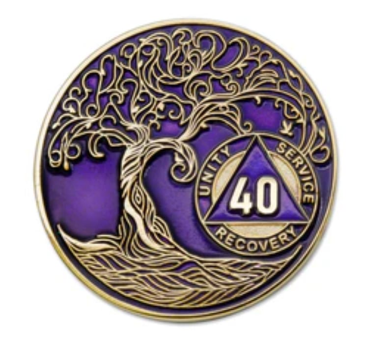 Customer photo review of 40 Year Sobriety Mint Twisted Tree of Life Gold Plated AA Recovery Medallion - Forty Year Chip/Coin - Purple