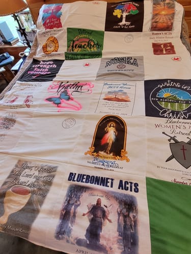 T-shirt quilt with religion, community service themes by KATHRYNE from TX