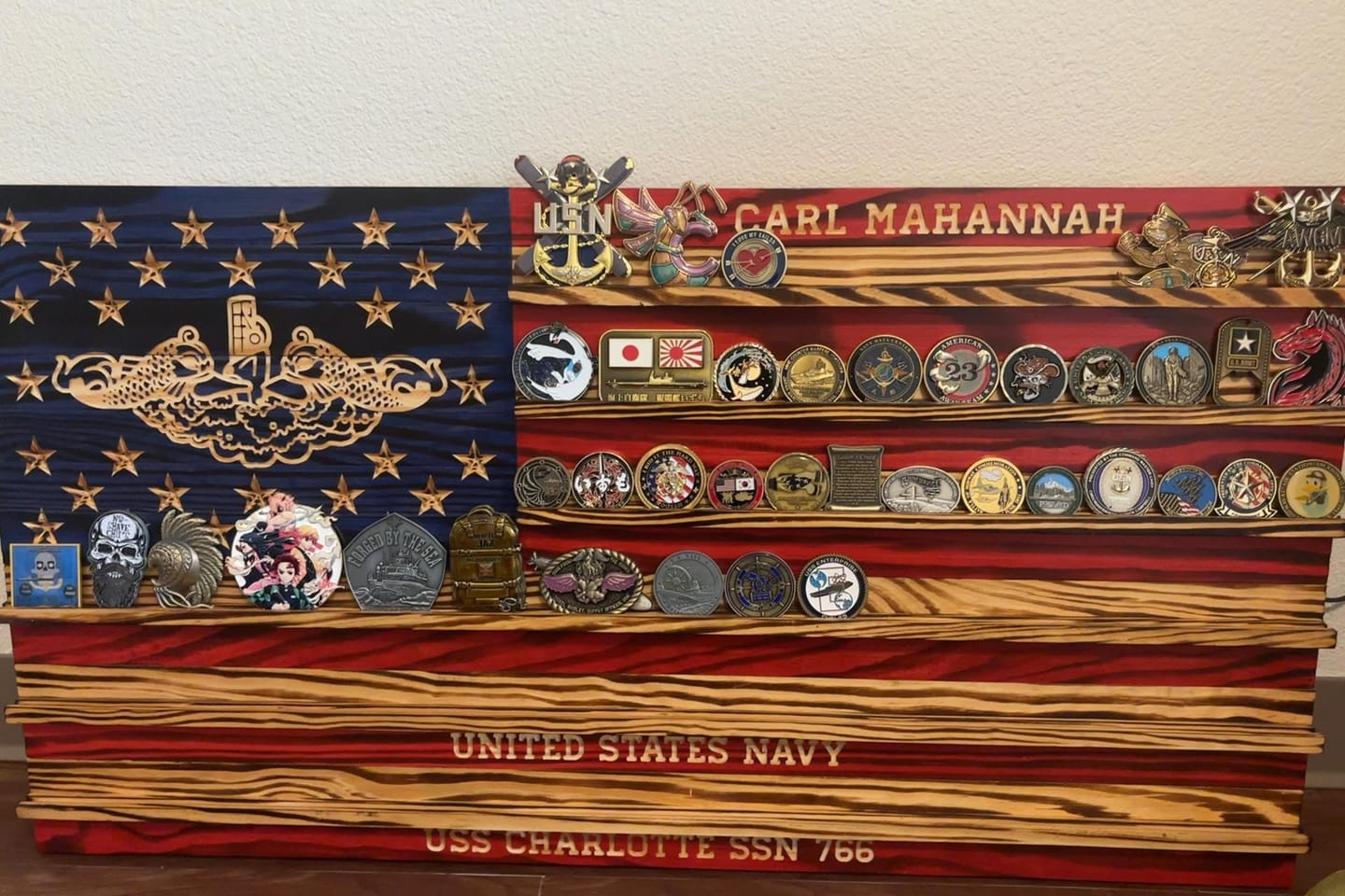 Customer photo review of Challenge Coin Display Rack Holder - Rustic American Flag