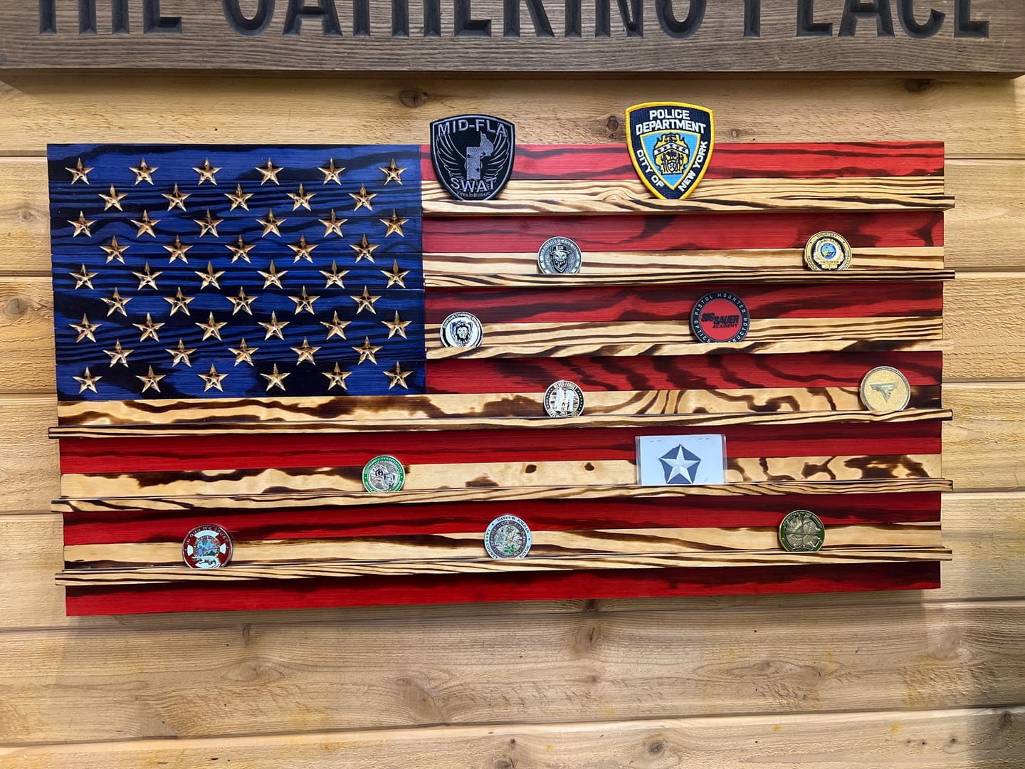 Customer photo review of Challenge Coin Display Rack Holder - Rustic American Flag