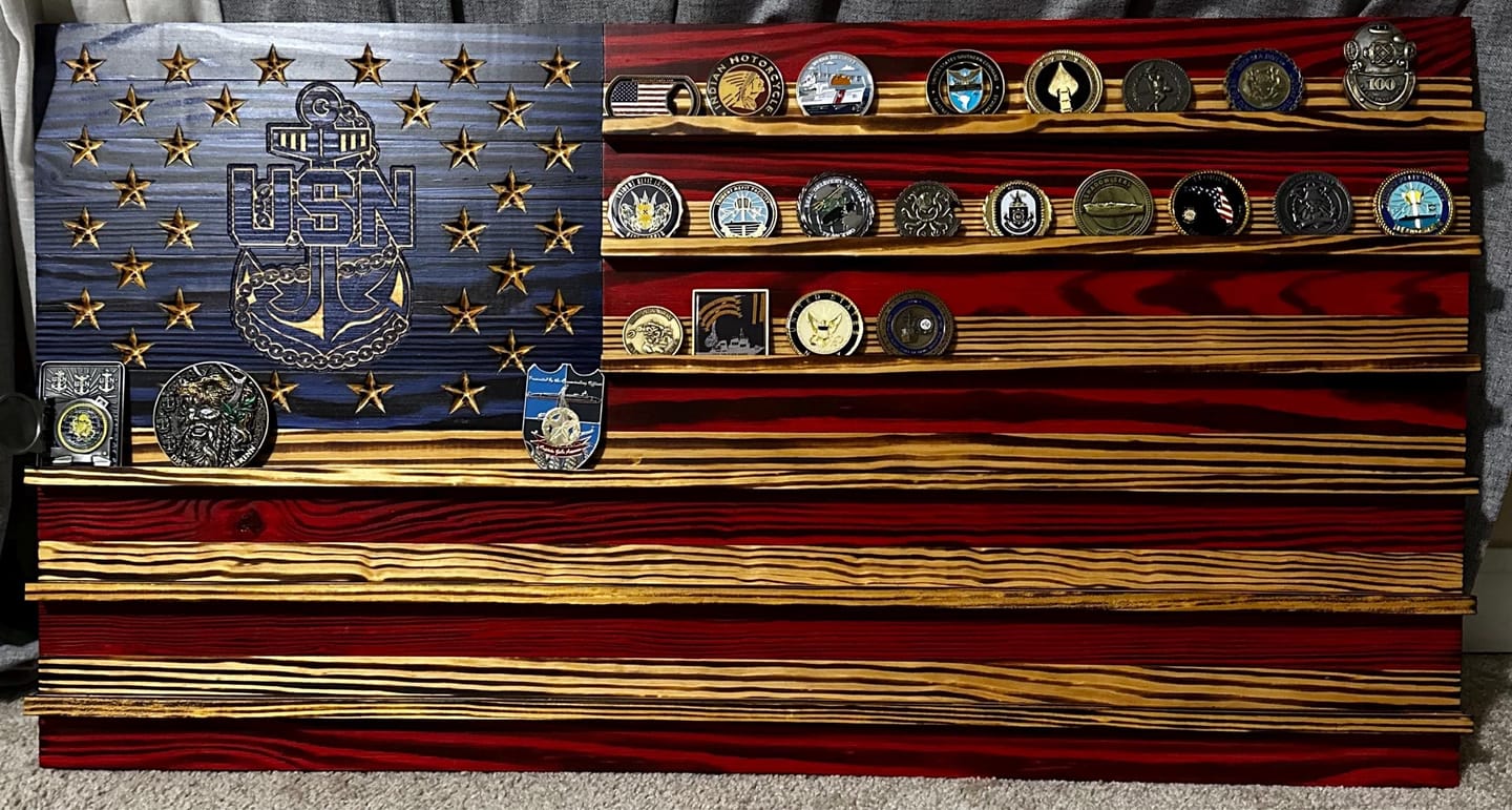 Customer photo review of Challenge Coin Display Rack Holder - Rustic American Flag