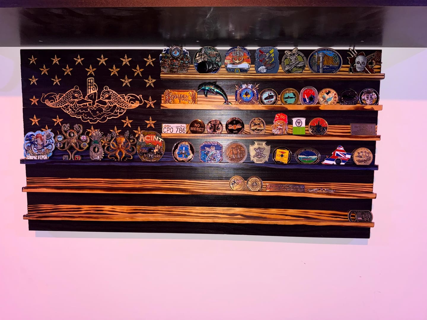 Customer photo review of Challenge Coin Display Rack Holder - Rustic American Flag