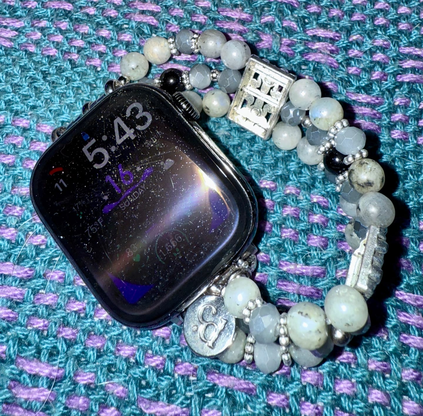 Customer photo review of Artisanal Labradorite Indigo Stretch Apple Watch Strap