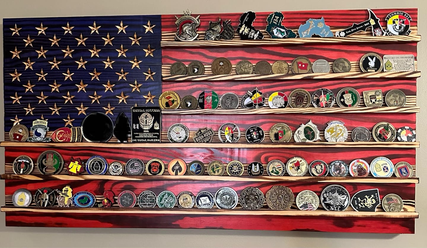Customer photo review of Challenge Coin Display Rack Holder - Rustic American Flag