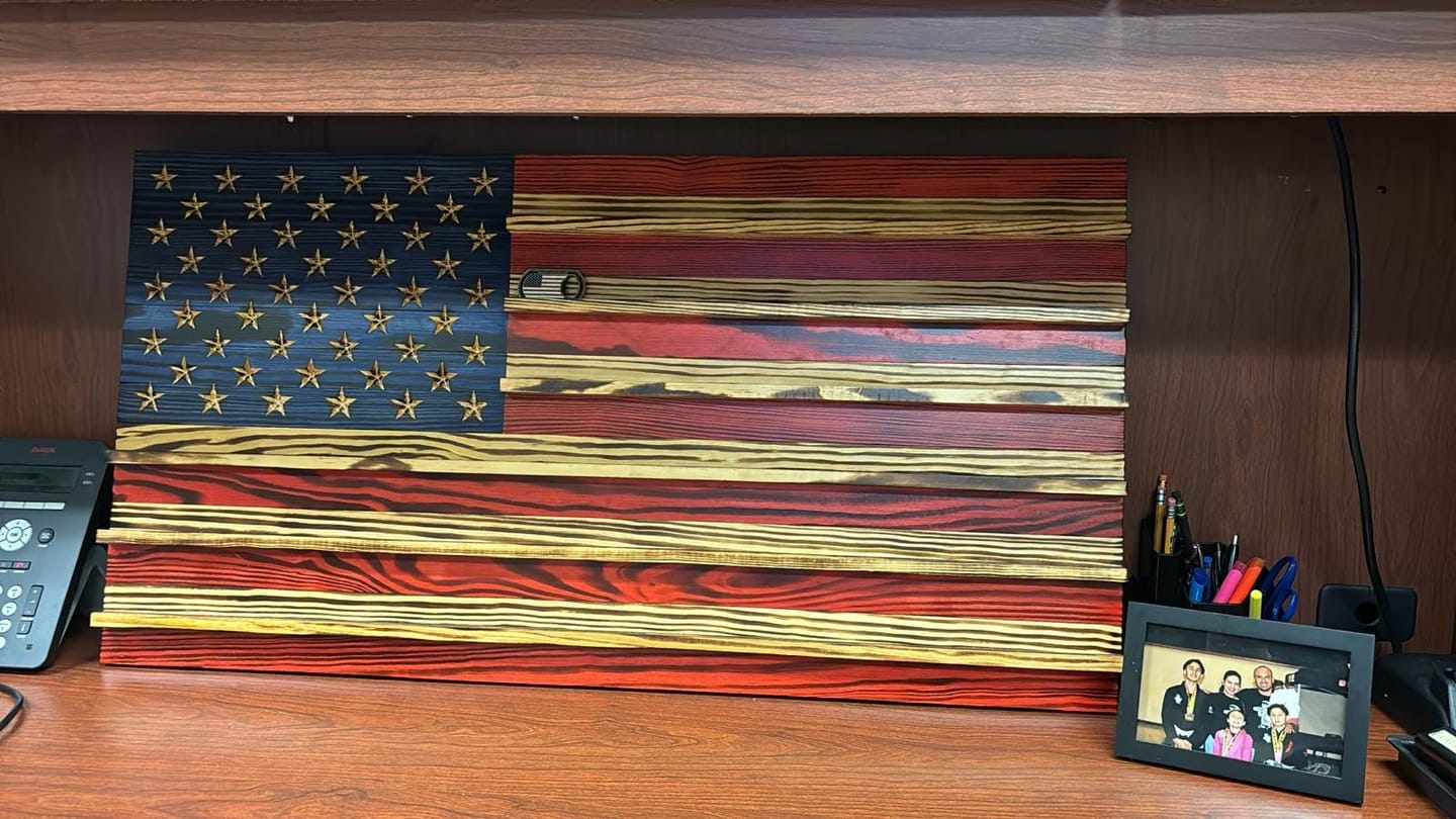 Customer photo review of Challenge Coin Display Rack Holder - Rustic American Flag