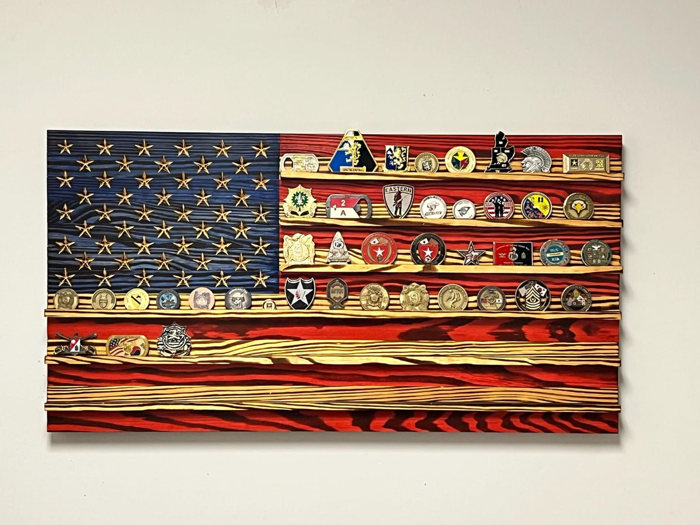 Customer photo review of Challenge Coin Display Rack Holder - Rustic American Flag