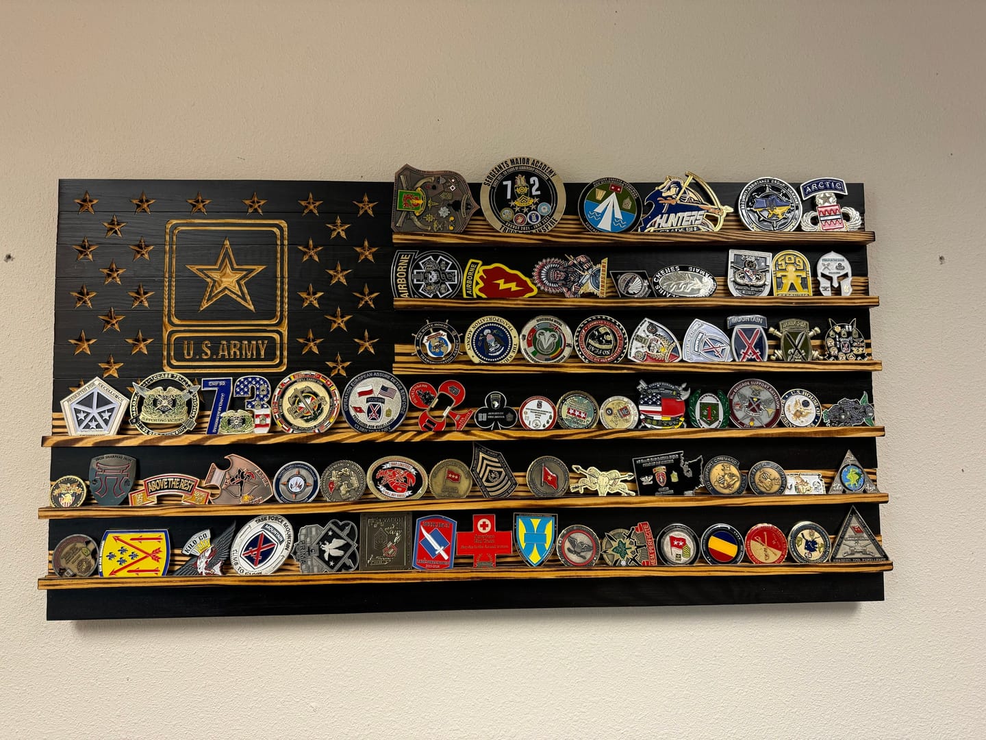 Customer photo review of Challenge Coin Display Rack Holder - Rustic American Flag
