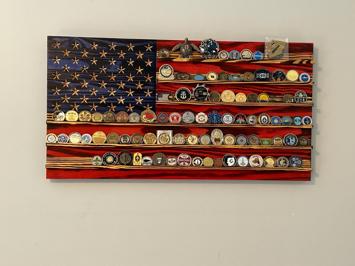 Customer photo review of Challenge Coin Display Rack Holder - Rustic American Flag