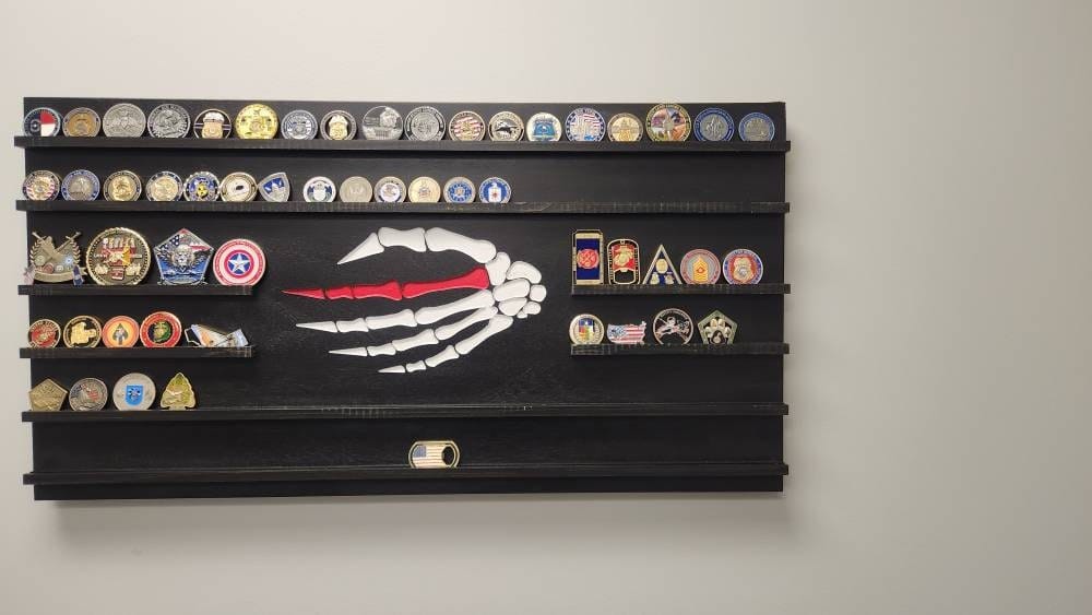 Customer photo review of Challenge Coin Display Rack Holder - Rustic American Flag