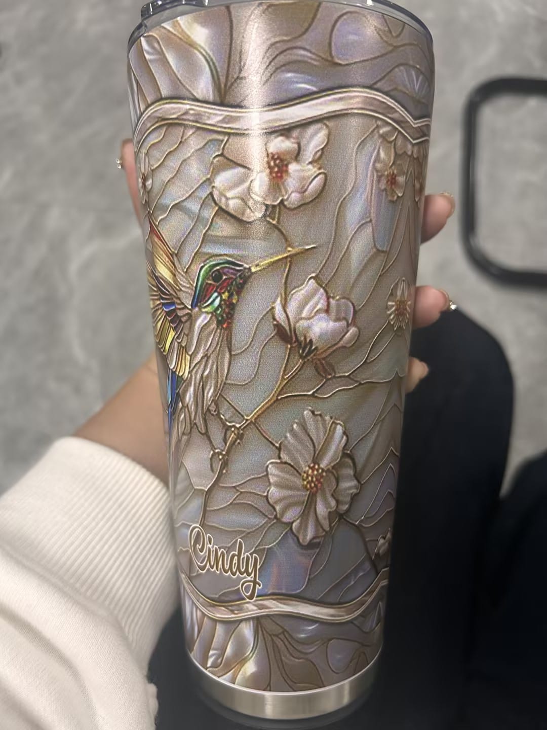 Customer photo review of Stained Glass Hummingbird Personalized Tumbler