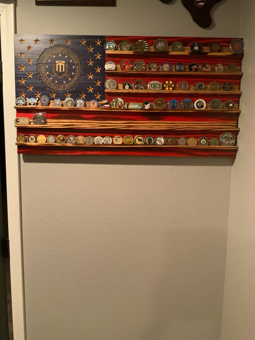 Customer photo review of Challenge Coin Display Rack Holder - Rustic American Flag