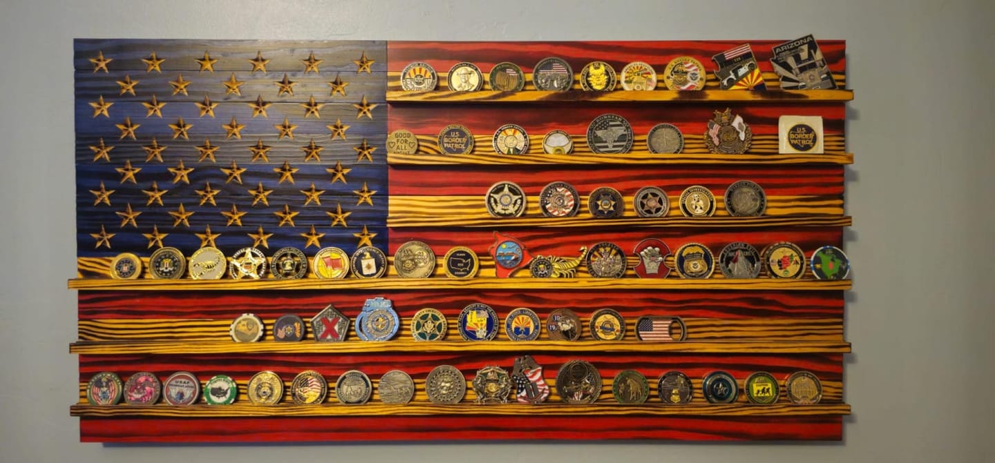 Customer photo review of Challenge Coin Display Rack Holder - Rustic American Flag