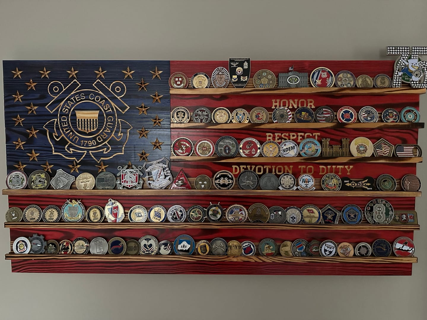 Customer photo review of Challenge Coin Display Rack Holder - Rustic American Flag