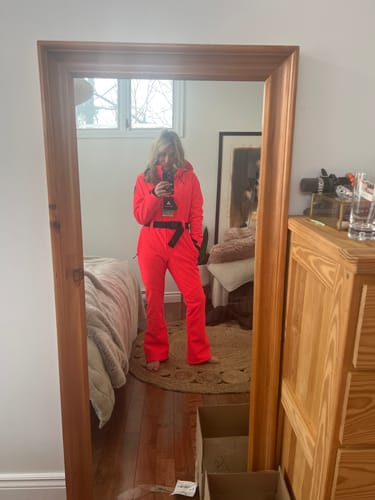 Customer photo review of Women's Colorful Smudge One-Piece Ski Suits with Removable Hood