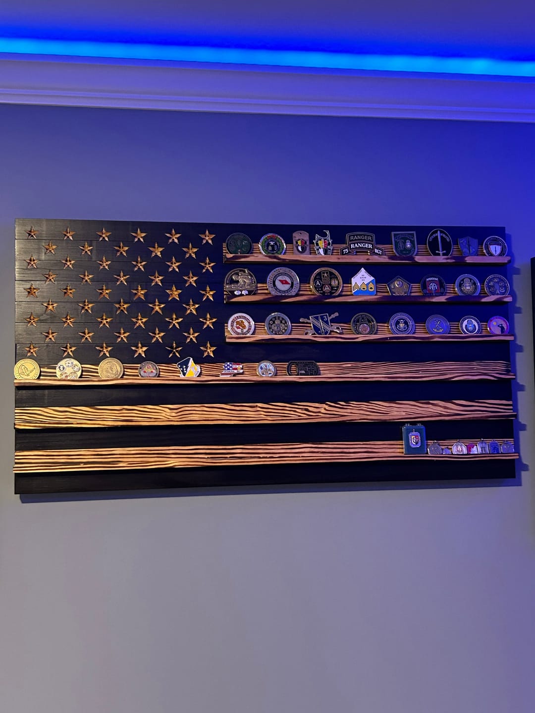 Customer photo review of Challenge Coin Display Rack Holder - Rustic American Flag