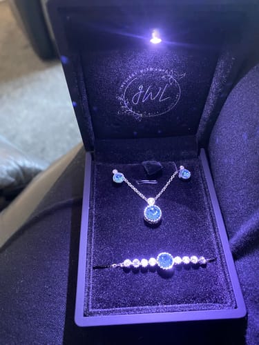 Customer photo review of Classic Round Aquamarine Solitaire Jewellery Set with Austrian Crystals
