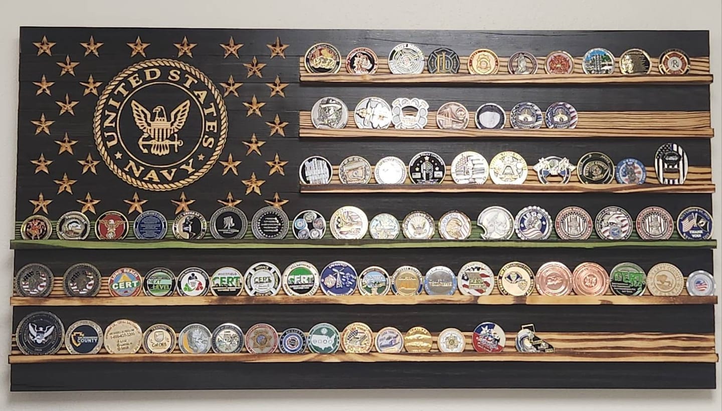 Customer photo review of Challenge Coin Display Rack Holder - Rustic American Flag