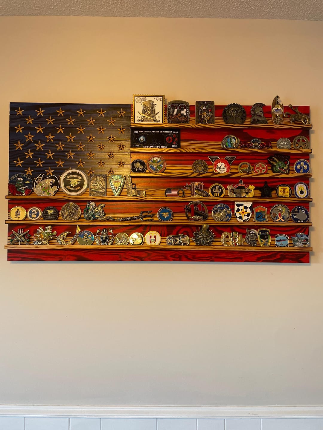 Customer photo review of Challenge Coin Display Rack Holder - Rustic American Flag