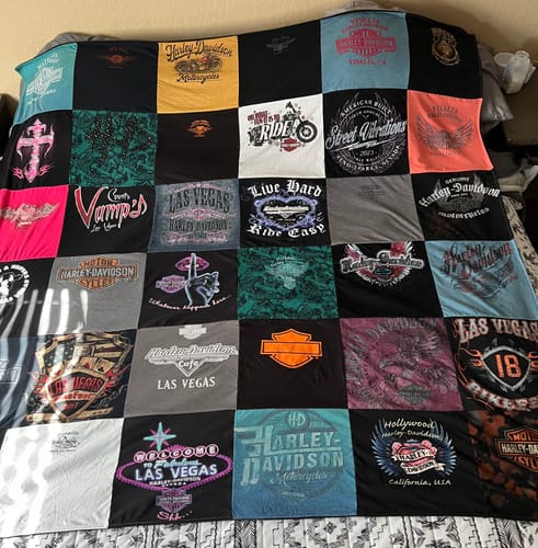 T-shirt quilt with motorcycles, travel themes by Janice from CA