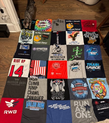 T-shirt quilt with running, biking themes by Brittany from GA