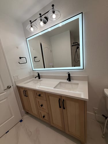 Customer photo review of Bridgeport 60" White Oak Bathroom Vanity, Double Sink