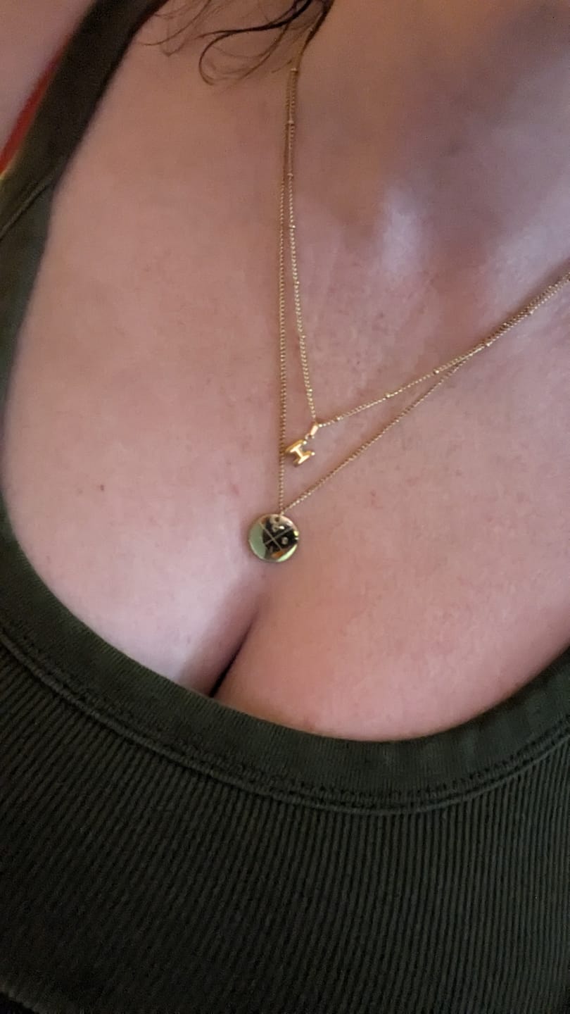 Customer photo review of Tiny bubble initial necklace (sale)