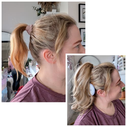 Customer photo review of Stranded Medium Wand Wave Clip-in Ponytail #10/16 Vanilla Bomb