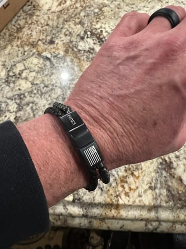 Customer photo review of FIDES Cross Leather & Magnetic Hematite Titanium Bead Bracelet: Helps Pair Veterans With A Service Dog Or Shelter Dog