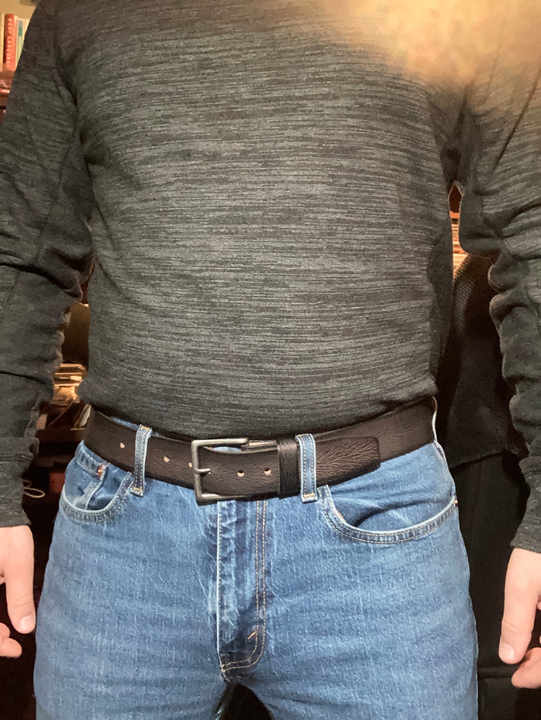 Customer photo review of The Mountain Belt - Grey Leather Belt with Charred Edges